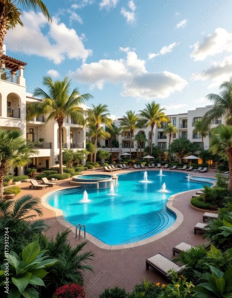 Luxury Resort Swimming Pool Surrounded by Palm Trees and Lush Greenery Under a Bright Blue Sky Luxury Resort Swimming Pool Surrounded by Palm Trees and Lush Greenery Under a Bright Blue Sky