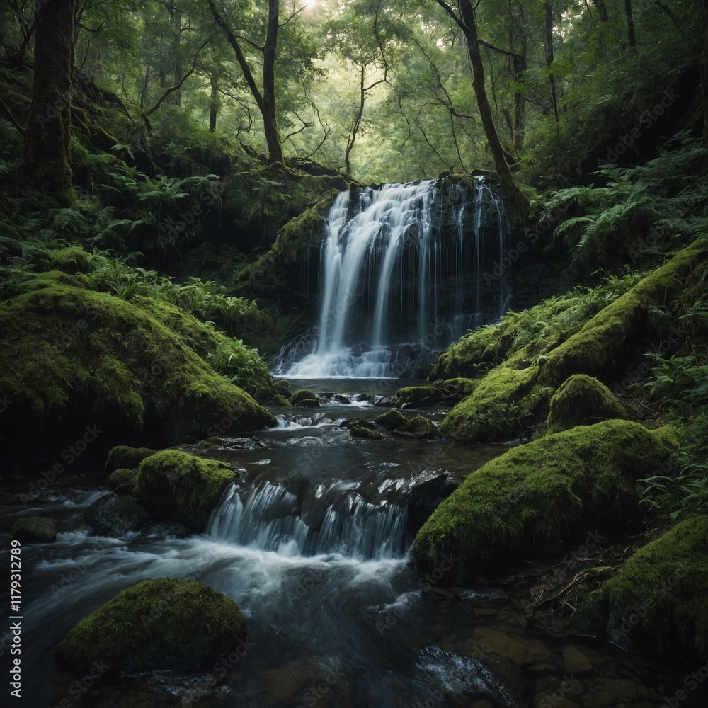 A hidden waterfall deep in a forest clearing. A hidden waterfall deep in a forest clearing.