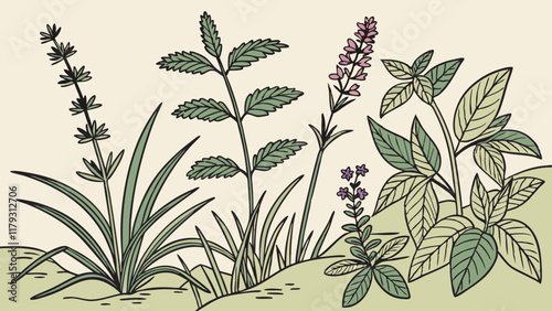 Detailed illustration of various herbs and flowers in a garden setting.