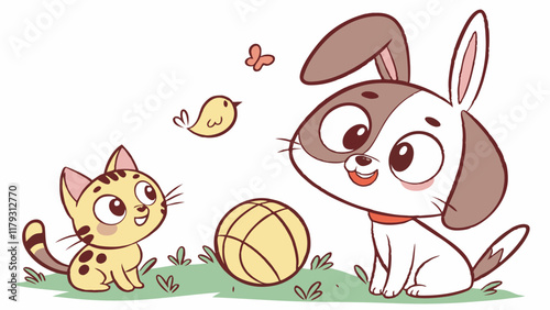 Cute Cartoon Cat and Dog Playing Outdoors