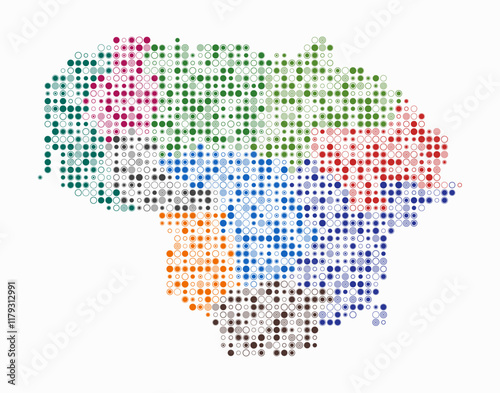 Lithuania, shape of the country build of colored cells. Digital style map of the Lithuania on white background. Small size circle blocks. Trending vector illustration.