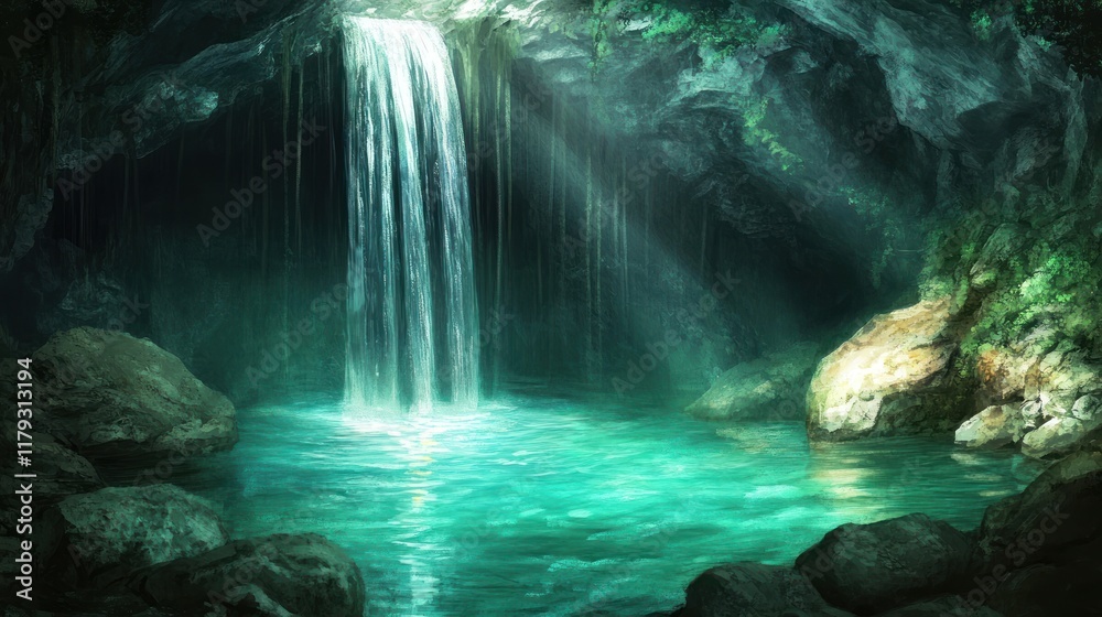 Mystical cave waterfall cascading into serene pool.