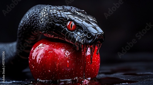 Black snake, red apple, dark background, temptation, mythology, poster