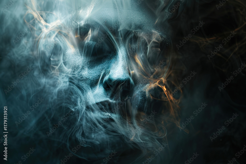 Obraz premium Scary sinister zombie wandering in street with dramatic lighting on Halloween, abstract vivid composition consists of fictional unreal fantastic vision on background