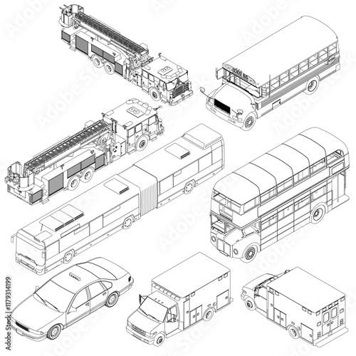 Collection of vehicles including a bus, a fire truck, and a car. The vehicles are all drawn in black and white. Isometric view