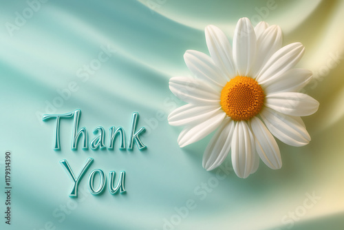 Thanks, thank you, gratitude background concept with intricate light teal serif text, pure white daisy bright yellow center, delicate petals, pastel background 