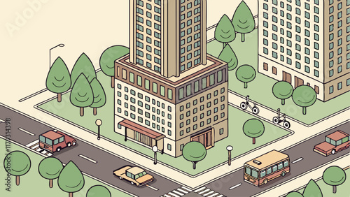 Isometric Cityscape Illustration Featuring Modern Buildings Traffic and Lush Green Spaces