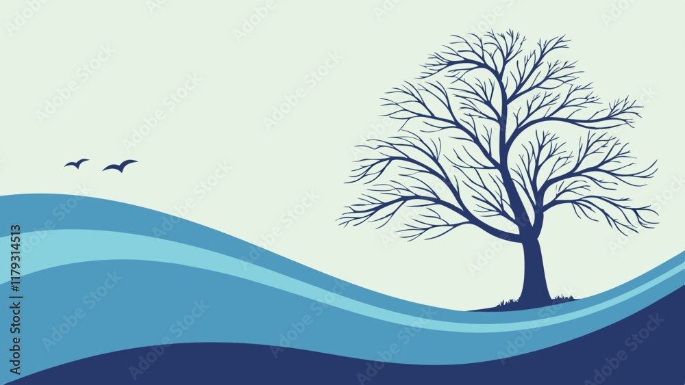 Tranquil Landscape with Bare Tree and Birds Tranquil Landscape with Bare Tree and Birds