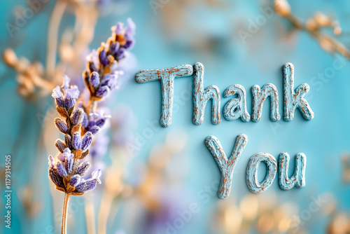 Thanks, thank you, gratitude concept with intricate serif royal blue text carved wood effect, sprigs of lavender light purple flowers, pastel pale blue background, golden light, appreciation 