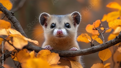 An interested opossum peers through the autumn leaves, its notable snout and eyes standing out. photo