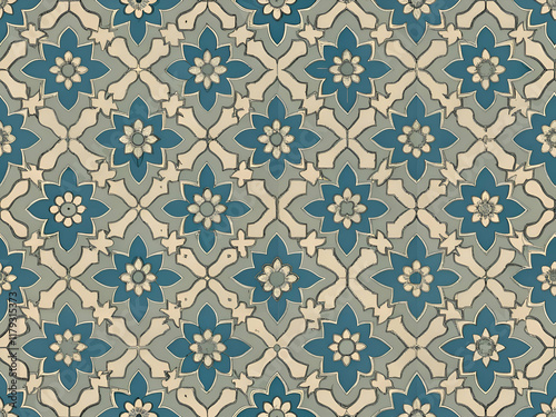 Vintage Teal and Beige Floral Tile Pattern Seamless Repeat.