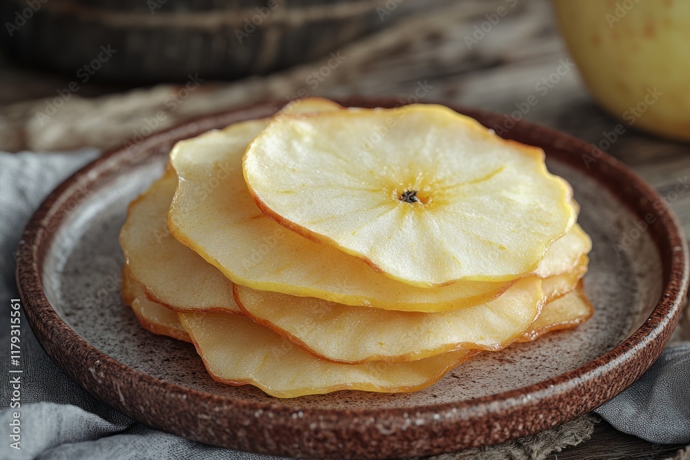 Delicious homemade apple chips stacked on a rustic plate, showcasing natural sweetness and crisp texture. Generative AI Delicious homemade apple chips stacked on a rustic plate, showcasing natural sweetness and crisp texture. Generative AI