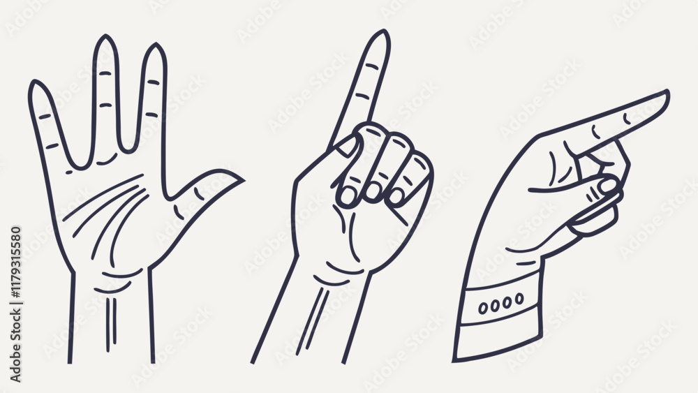 Simple Line Art Hand Gestures: Five Pointing and Fist