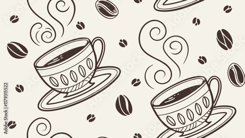 Seamless Pattern of Cozy Coffee Cups and Beans