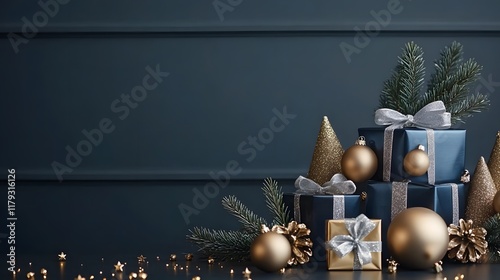 Christmas scene features golden baubles and gift boxes with silver ribbons against navy blue background, complemented by metallic ornaments and scattered gold stars.