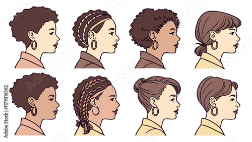 Diverse Women's Hairstyles in Profile View