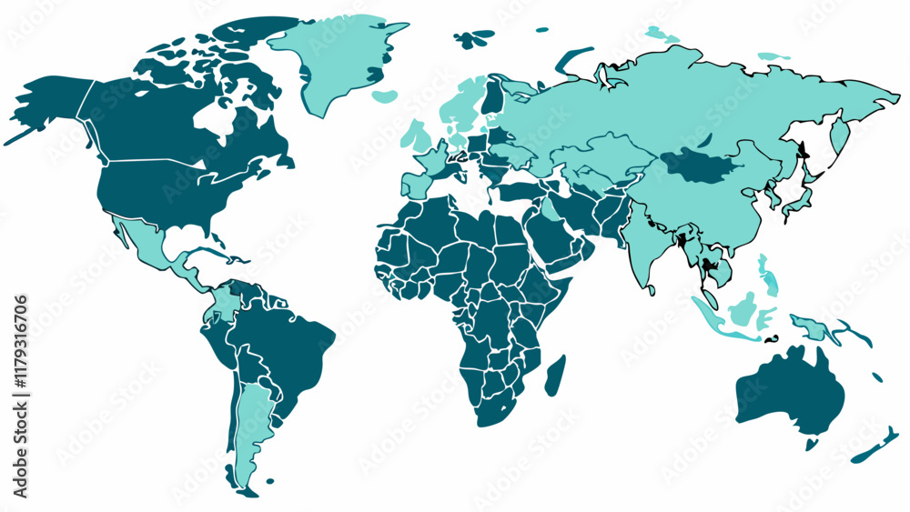 Obraz premium World Map Divided by Two Color-Coded Regions