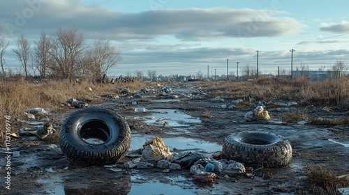 Debris and abandoned tires litter a neglected landscape in a refuse-filled area during daylight. Generative AI
