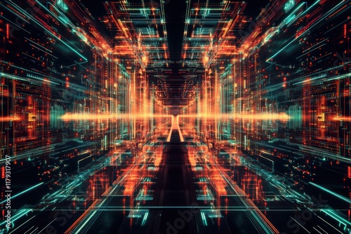 Abstract digital tunnel with glowing lines and data streams.