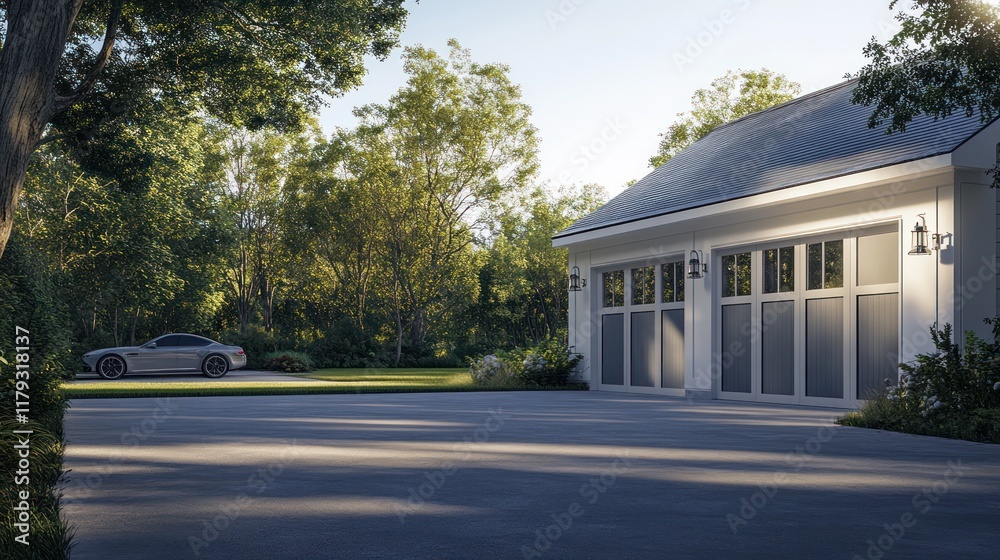 Modern two-car garage with driveway, car, and lush green trees. Modern two-car garage with driveway, car, and lush green trees.
