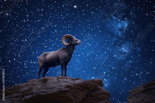 Majestic ram silhouetted against a vibrant, starry night sky, perched atop a rocky cliff.
