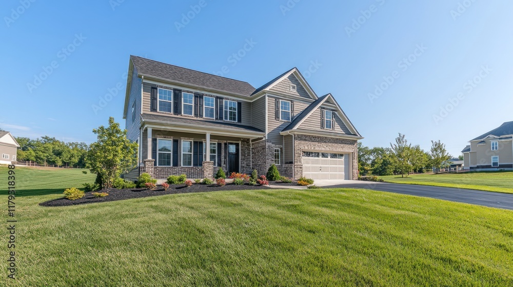 Two-story house with gray siding, stone accents, and a two-car garage. Two-story house with gray siding, stone accents, and a two-car garage.