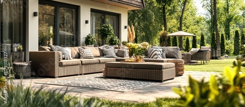 Luxurious outdoor patio furniture on a sun-drenched stone patio.