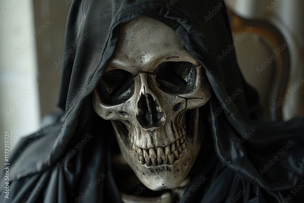 Scary grim reaper with sharp scythe in hell with dark dramatic color, abstract vivid composition consists of fictional unreal fantastic vision on background