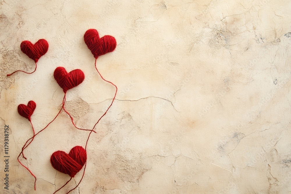 Five red yarn hearts on beige background. Five red yarn hearts on beige background.