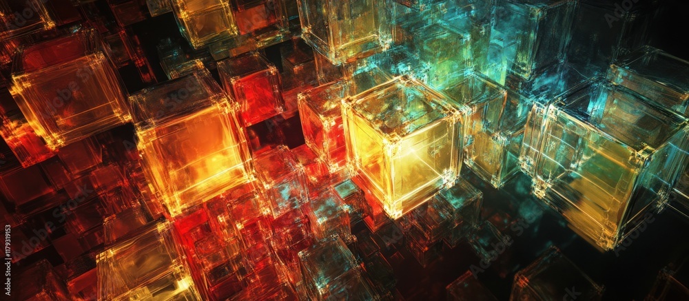 Fototapeta premium Abstract 3D rendering of glowing translucent cubes in red, orange, and blue hues.