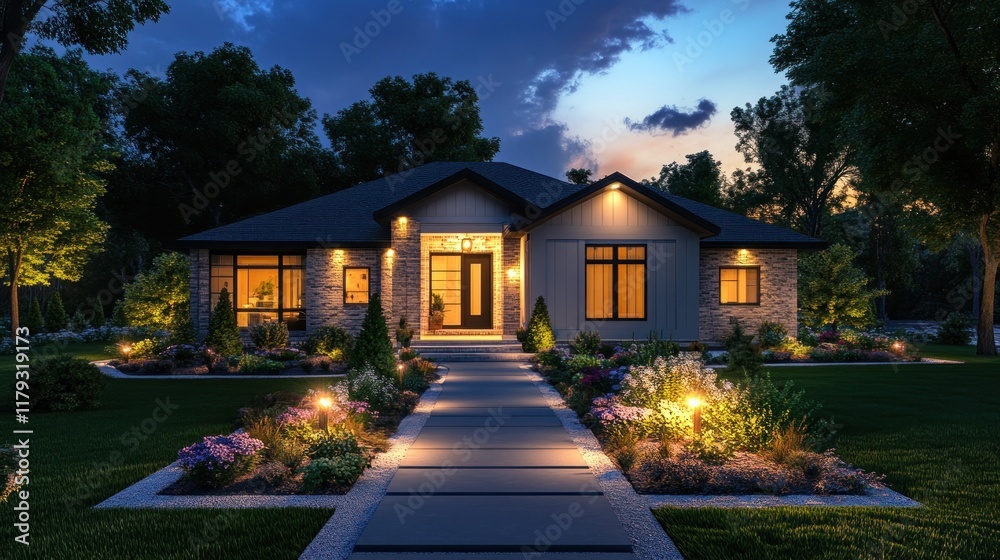 Illuminated modern ranch house at night with landscaped walkway. Illuminated modern ranch house at night with landscaped walkway.
