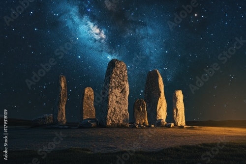 Majestic ancient stone circle under a breathtaking night sky filled with stars and the Milky Way galaxy.