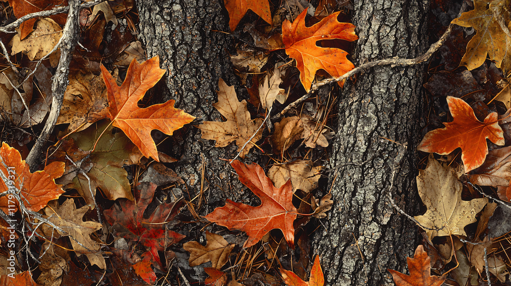 Autumnal Forest Floor with Fallen Maple Leaves and Tree Trunks Autumnal Forest Floor with Fallen Maple Leaves and Tree Trunks