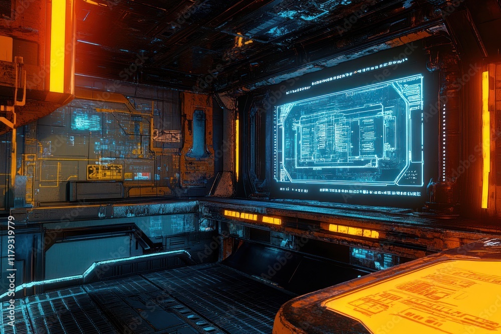 Futuristic spaceship interior with glowing orange and blue screens displaying technical data. Futuristic spaceship interior with glowing orange and blue screens displaying technical data.