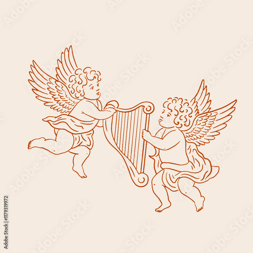 Two cherubs holding a harp. Vintage style.