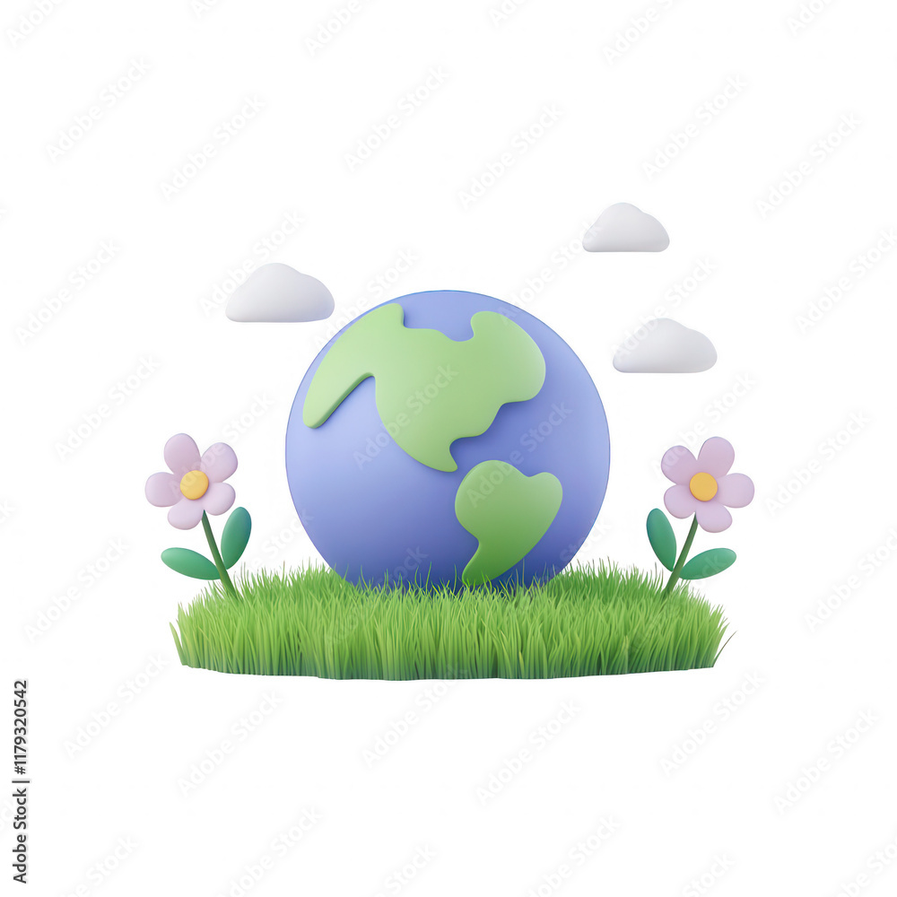 Naklejka premium A colorful representation of Earth surrounded by flowers and clouds., isolated on a transparent background.