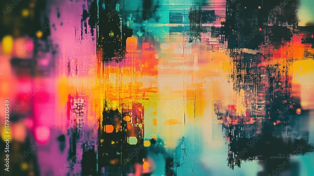 Obraz premium Abstract vibrant glitch art with bright colors and textured brushstrokes.