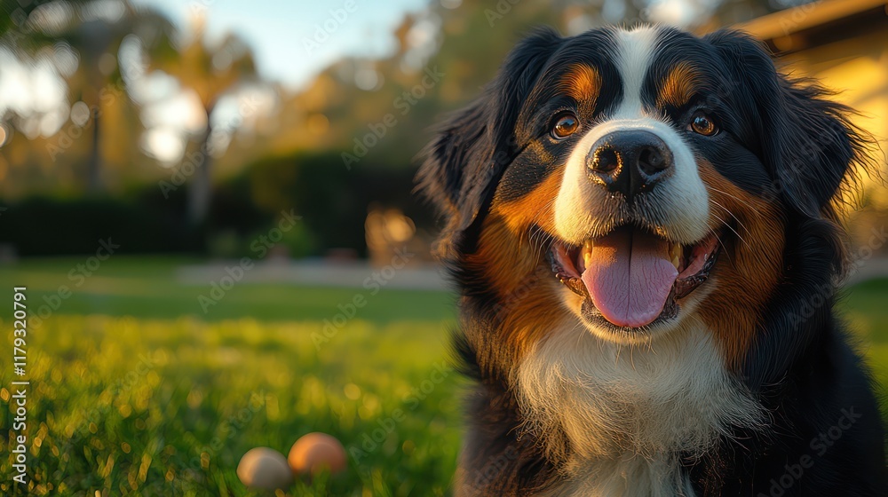 Joyful Bernese Mountain Dog in Golden Hour Joyful Bernese Mountain Dog in Golden Hour