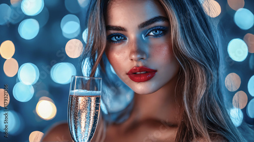 Wallpaper Mural Glamorous portrait of beautiful girl with glass of delicious champagne at New Year party close-up, isolated background. Generative AI. Torontodigital.ca