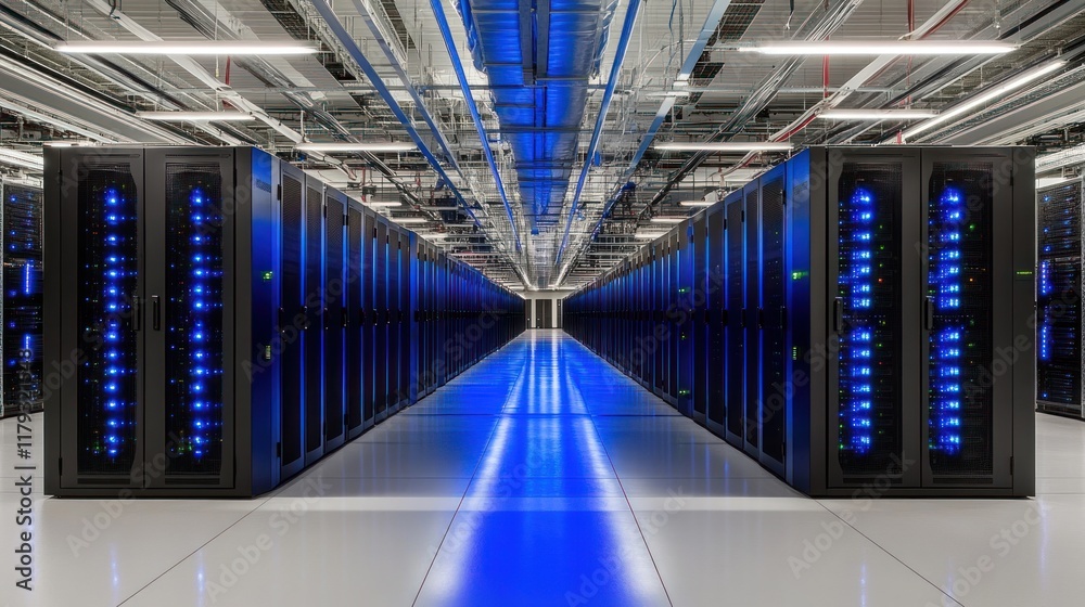 Fototapeta premium Rows of servers in a modern data center with blue lights.
