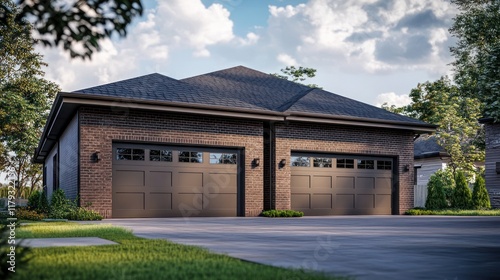 Suburban double garage with brick exterior, dark garage doors, and landscaping.