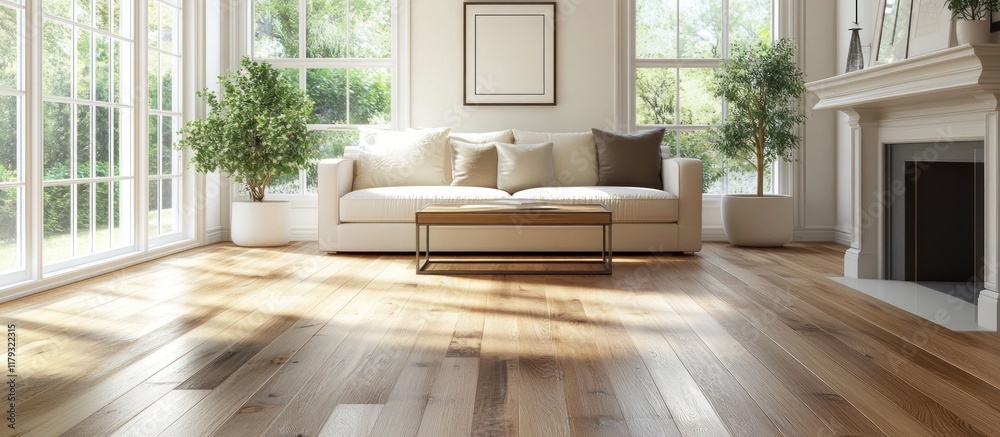 Obraz premium Sunny living room with hardwood floors, sofa, coffee table, fireplace, and plants.