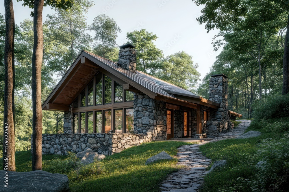A charming stone and wood mountain retreat with a sloped roof, expansive windows, and a trail leading into the woods A charming stone and wood mountain retreat with a sloped roof, expansive windows, and a trail leading into the woods