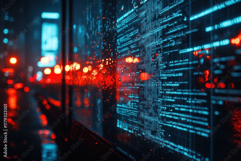 Obraz premium Rainy night city scene with digital data displayed on a screen.