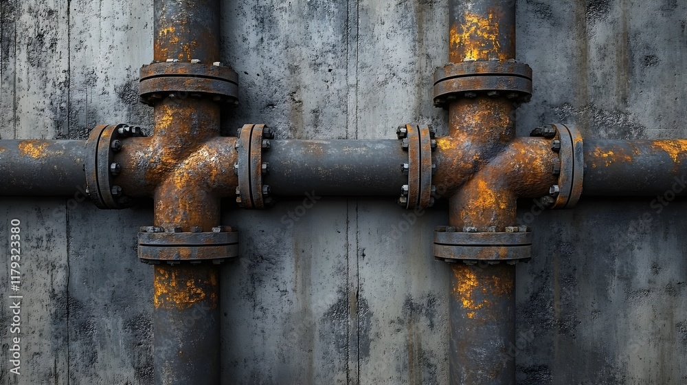 A close-up of industrial pipes running along a textured concrete wall. A close-up of industrial pipes running along a textured concrete wall.