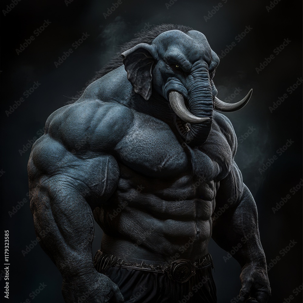 Powerful Elephant-Human Hybrid with Tusks
