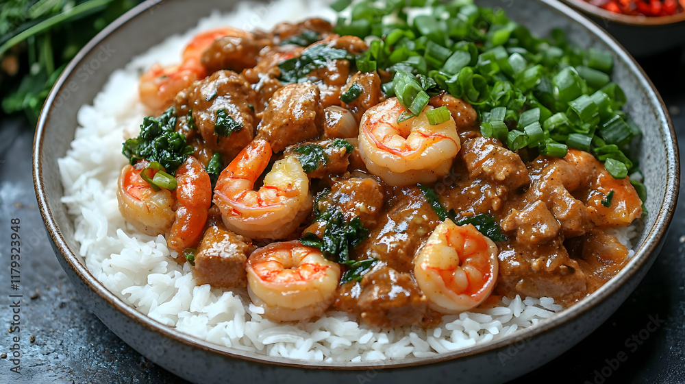Delicious shrimp and pork stir-fry served over fluffy white rice, garnished with chopped green onions. Delicious shrimp and pork stir-fry served over fluffy white rice, garnished with chopped green onions.