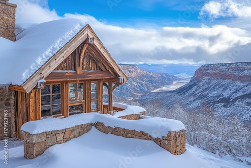 A charming wooden chalet with a snow-covered roof, stone accents, and a view of an expansive mountain valley