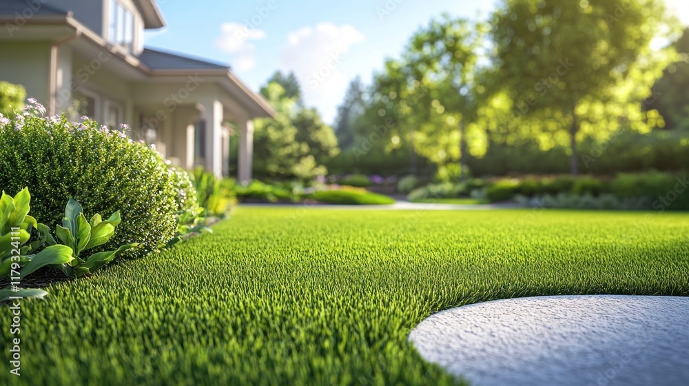 Obraz premium Lush green lawn, manicured garden, and modern house in sunny backyard.