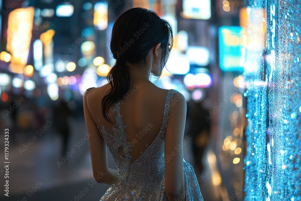 Woman in elegant gown, back view, gazing at city lights at night. Woman in elegant gown, back view, gazing at city lights at night.